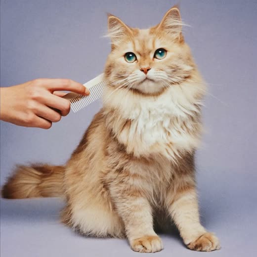 A long-haired cat being combed